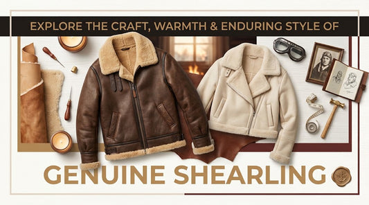 Genuine shearling jacket guide featuring a brown B-3 aviator jacket, cream shearling coat and sheepskin craftsmanship details
