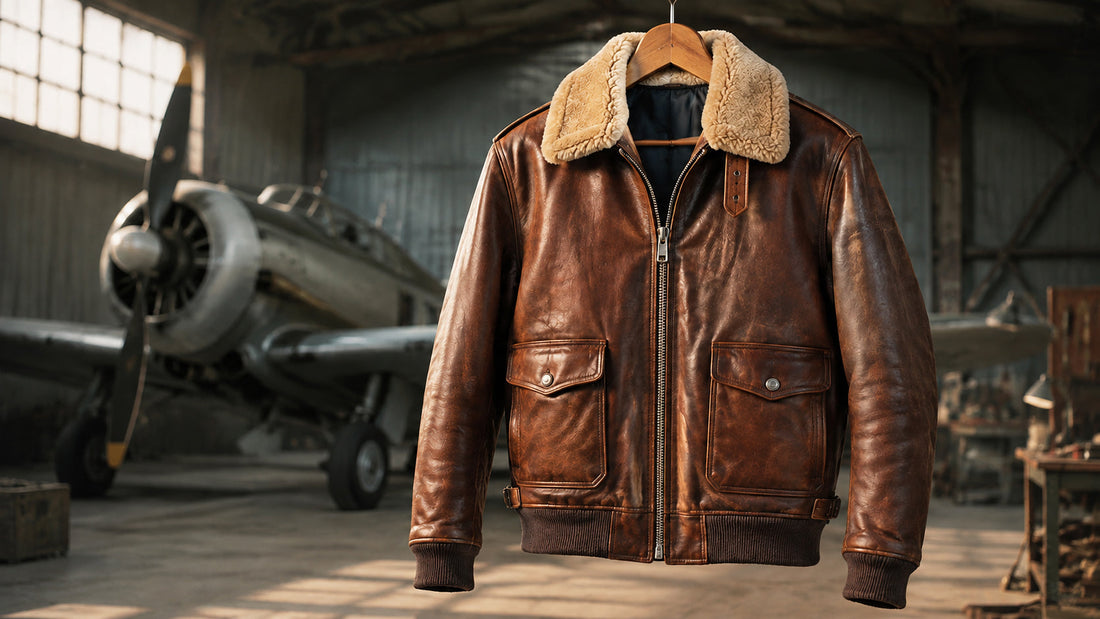 Brown leather aviator jacket with shearling collar displayed inside a vintage aircraft hangar