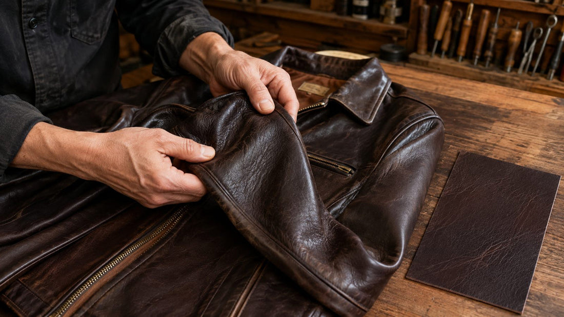 Craftsperson inspecting the grain of a brown horsehide leather jacket in a workshop