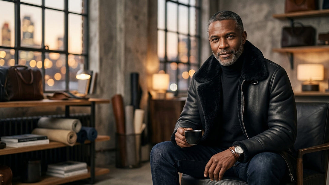 A confident, stylish mature man wearing a premium black leather jacket with a dense black shearling fur collar, paired with a dark turtleneck and slim jeans in a high-end luxury loft.