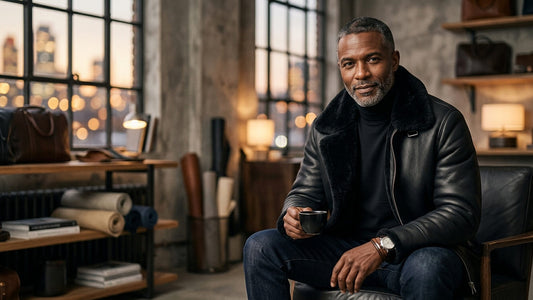 A confident, stylish mature man wearing a premium black leather jacket with a dense black shearling fur collar, paired with a dark turtleneck and slim jeans in a high-end luxury loft.