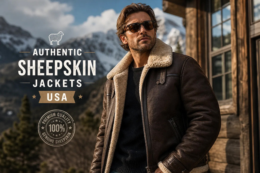 Man wearing a brown authentic sheepskin jacket in a winter mountain setting with Authentic Sheepskin Jackets USA text