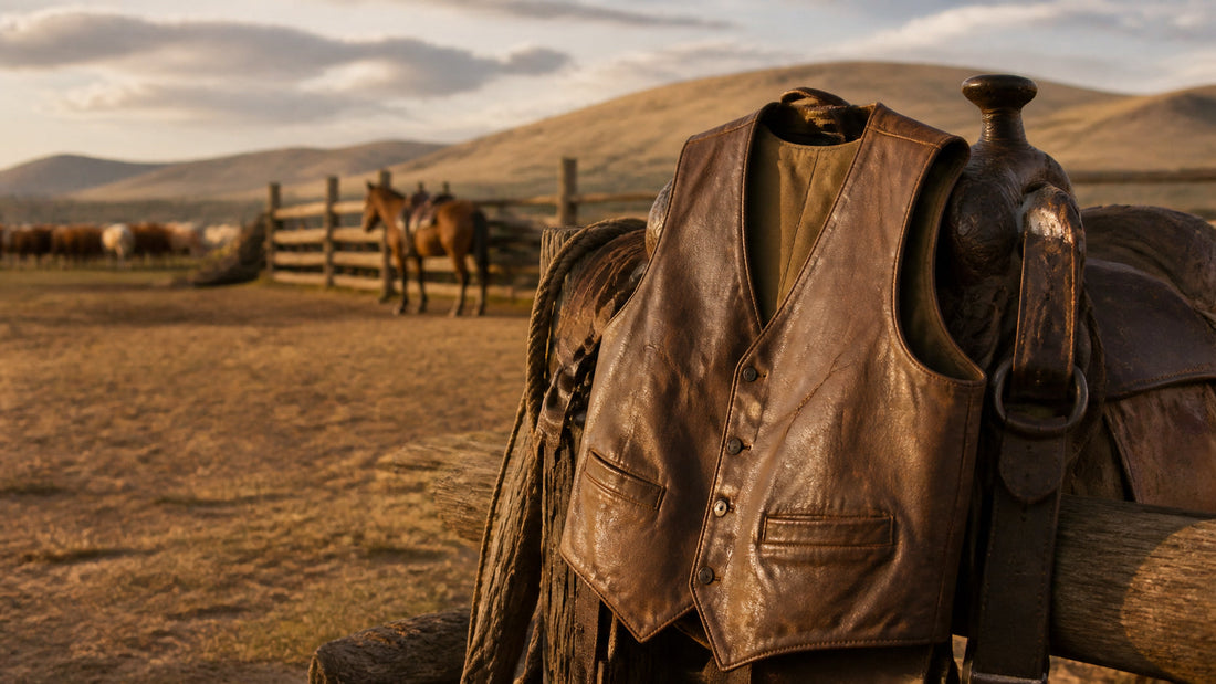 Brown leather cowboy vest draped over a Western saddle on a ranch