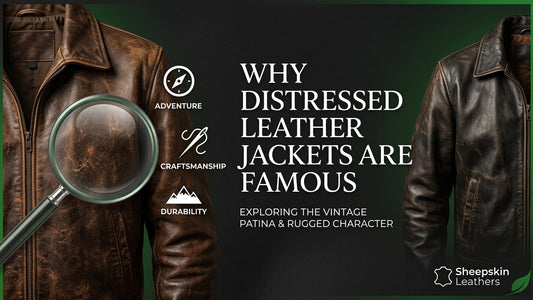 A professional distressed leather jackets infographic for Sheepskin Leathers with a forest green theme, highlighting vintage patina texture under a magnifying glass vs a classic rugged weathered coat design.