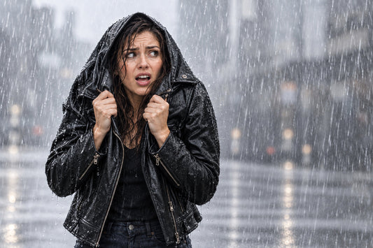 Woman using a black leather jacket to protect herself from heavy rain