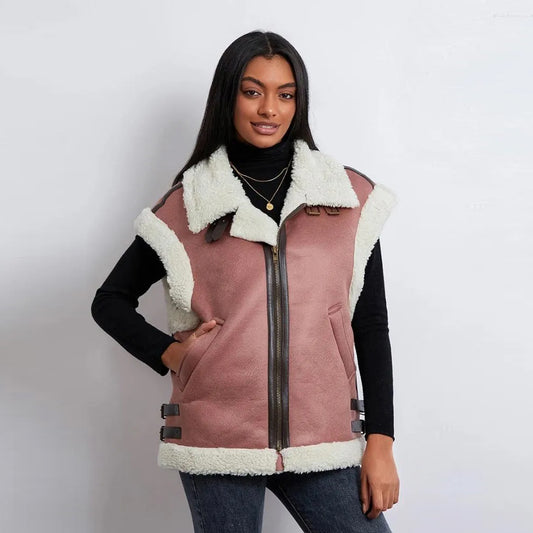 A woman wearing a pink shearling vest paired with jeans and a turtleneck, highlighting a chic winter outfit idea.