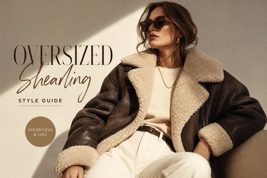 Women's oversized shearling jacket in brown with cream trim, worn by a seated woman in cream trousers and sunglasses.