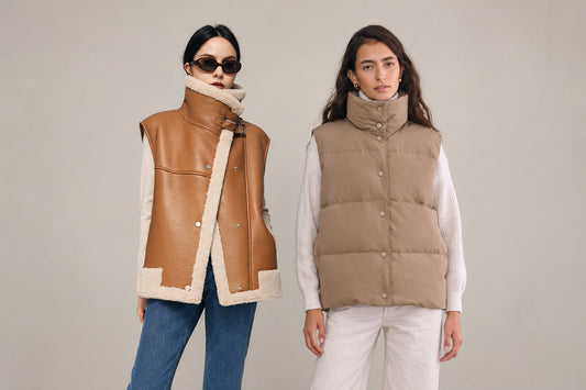 Women’s shearling vest vs puffer vest comparison: brown shearling and taupe quilted vests worn side by side.