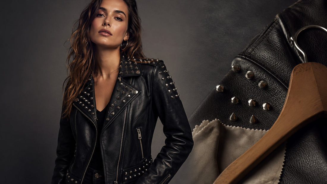 Woman wearing a black studded leather jacket beside a close-up of silver spikes and a leather care cloth