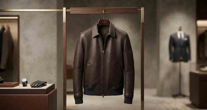 Front view of a luxurious dark brown leather bomber jacket hanging on a wooden and brass rack inside an upscale men's boutique, featuring a classic collar, rib-knit cuffs, and a utility pocket on the left sleeve.