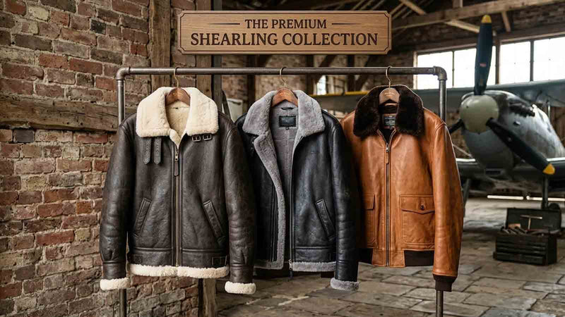 Premium men's shearling leather jackets collection featuring vintage aviator and bomber styles for winter, displayed on a clothing rack in a rustic workshop setting.