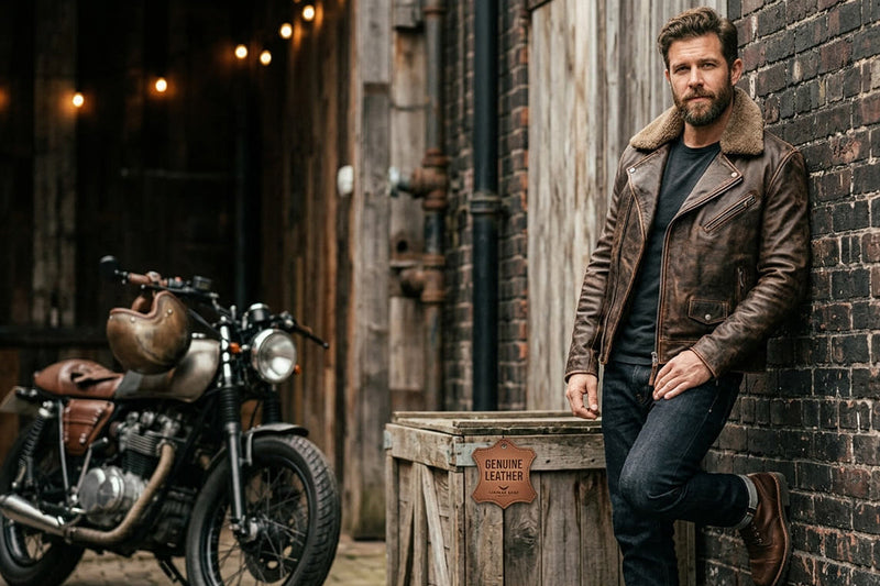 A man wearing a rugged brown distressed leather jacket with a shearling collar, leaning against a brick wall, with a vintage motorcycle and wooden crate nearby.