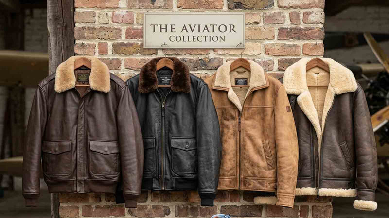 mens-aviator-leather-jackets-banner.jpg featuring four styles: A-2 flight jacket, G-1 with fur collar, and B-3 sheepskin bomber jacket from the 'Aviator Collection' on hangers.