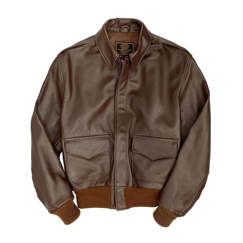Front flat lay view of 1931 spec USAAF A-2 russet horsehide flight jacket showing scalloped pockets and ribbed hem.