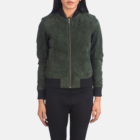New Women Green Bomber Western Leather Suede Jacket