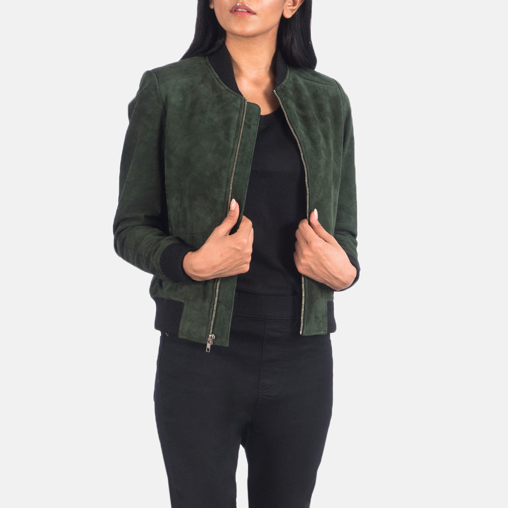New Women Green Bomber Western Leather Suede Jacket