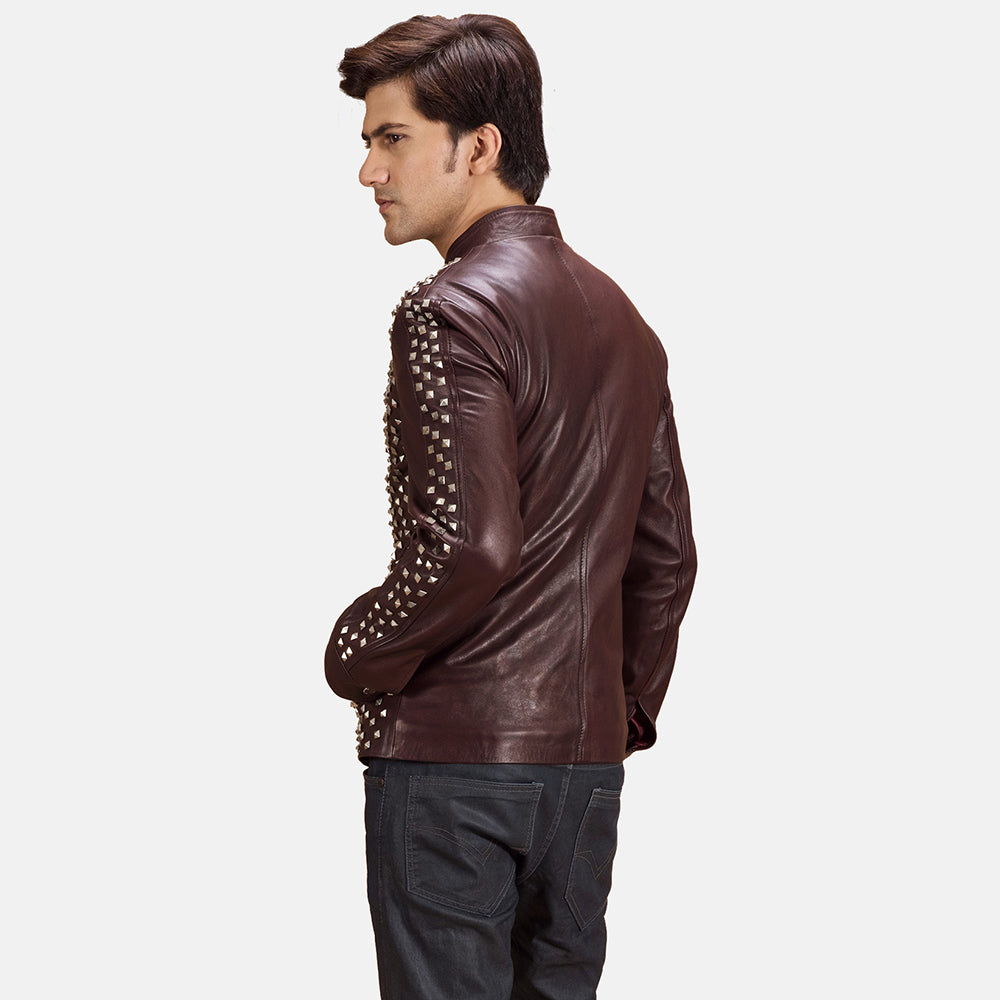 New Men Studded Maroon Moto Racing Motorcycle Leather Biker Jacket