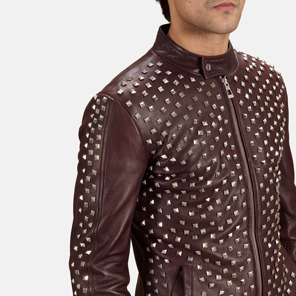 New Men Studded Maroon Moto Racing Motorcycle Leather Biker Jacket