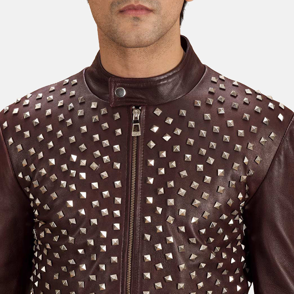 New Men Studded Maroon Moto Racing Motorcycle Leather Biker Jacket