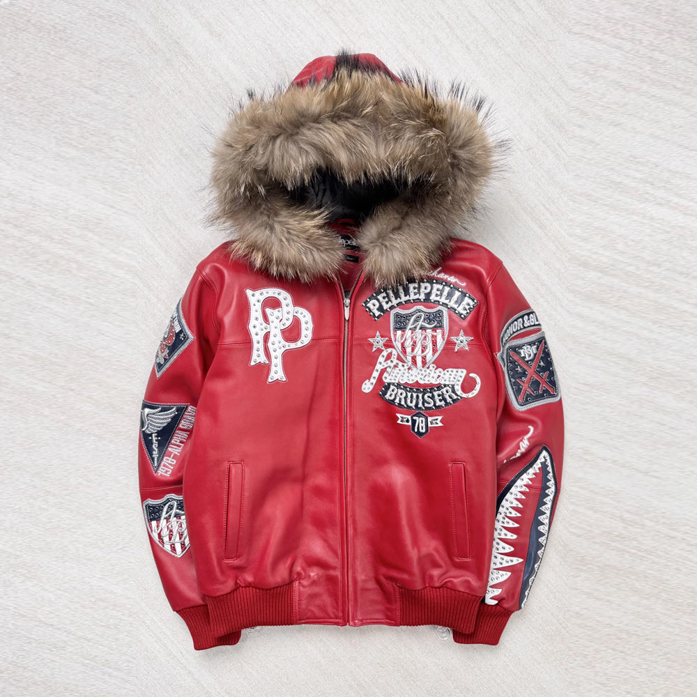 Front view of Pelle Pelle American Bruiser red leather hooded jacket with crystal embellishments.
