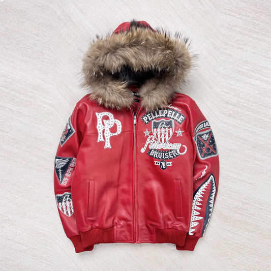 Front view of Pelle Pelle American Bruiser red leather hooded jacket with crystal embellishments.