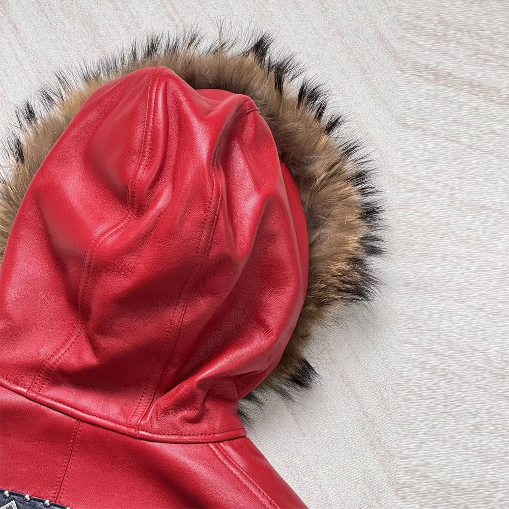 Back side hood close-up of Pelle Pelle American Bruiser red leather jacket with fur edging.