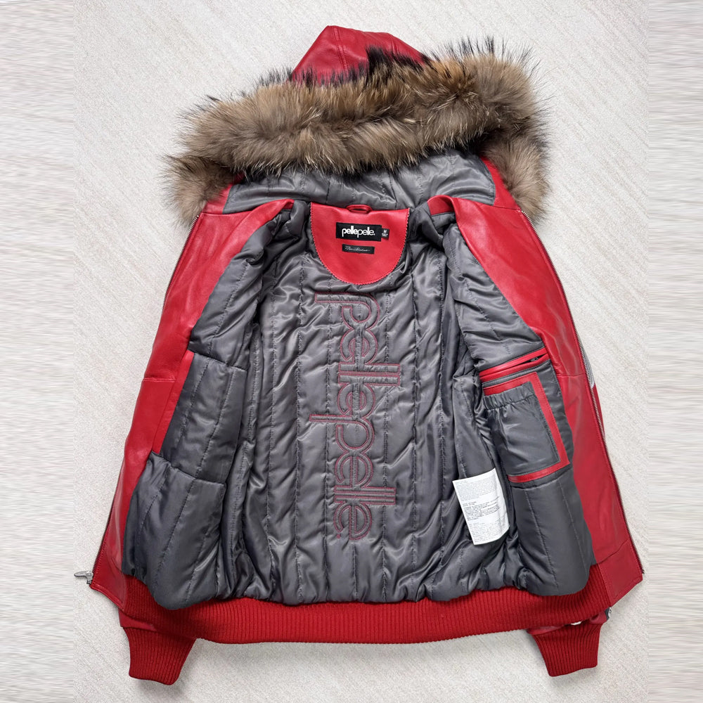 Inner satin lining of Pelle Pelle American Bruiser red leather jacket with embroidered Pelle Pelle detailing.