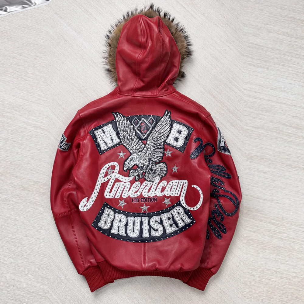 Back view of Pelle Pelle American Bruiser red leather jacket featuring rhinestone and embroidered patches.