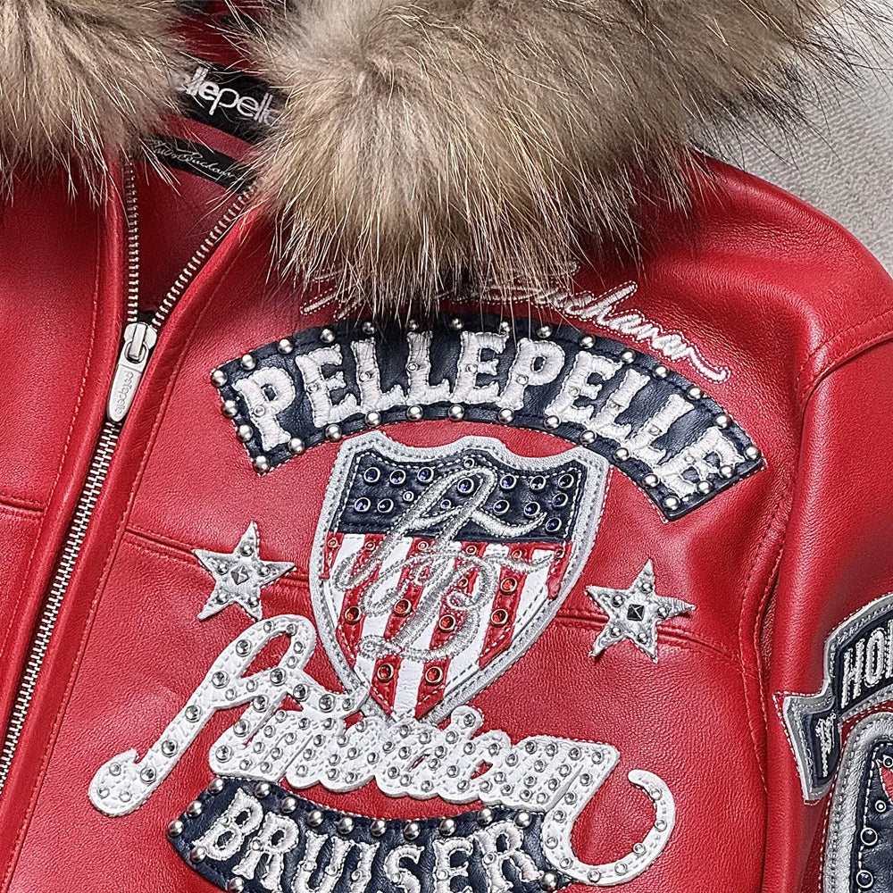 Close-up of chest patch on Pelle Pelle American Bruiser red leather jacket with multicolor rhinestones.