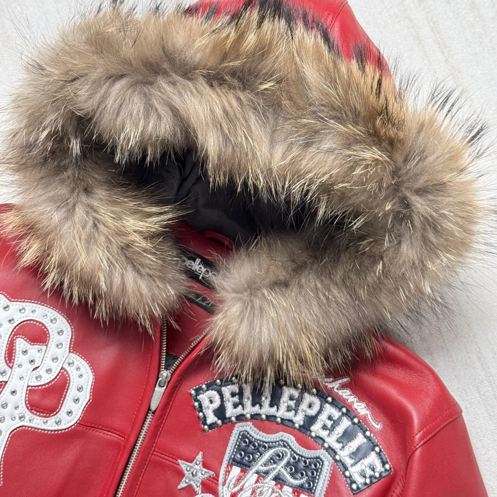 Close-up of fur-trim hood on Pelle Pelle American Bruiser crystal embellished leather jacket.