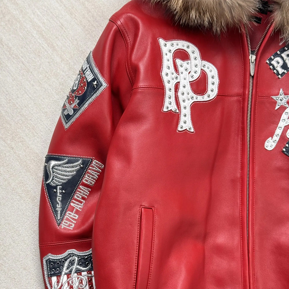 Detailed front side panel of Pelle Pelle American Bruiser red hooded leather jacket with crystal accents.