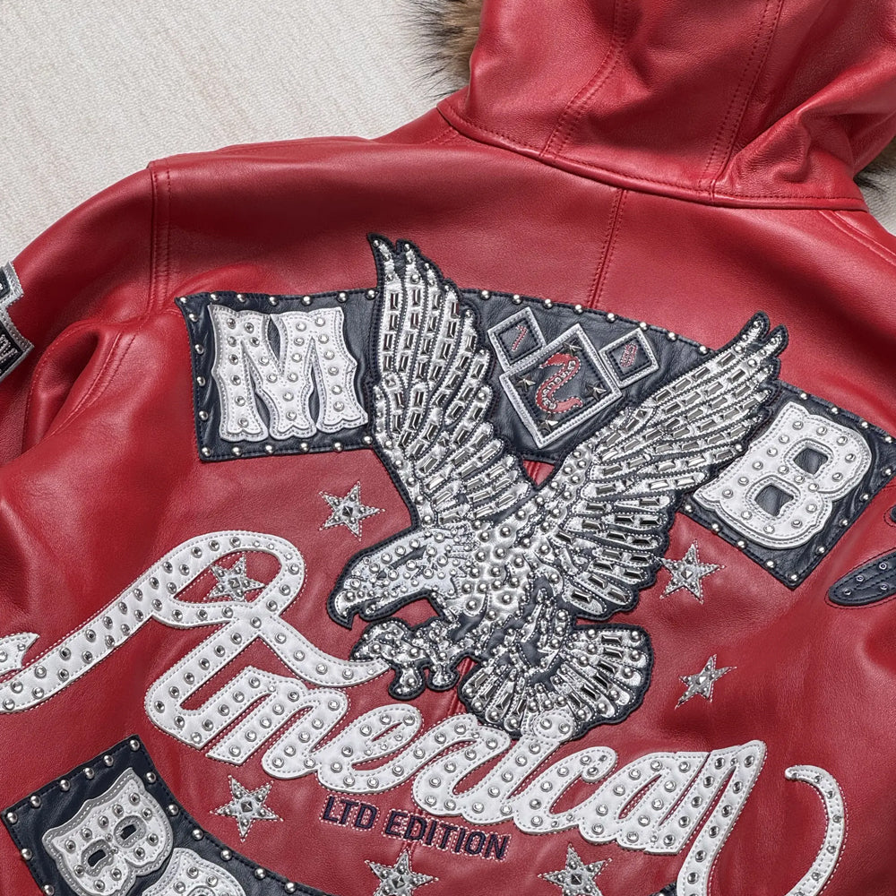 Back patch close-up of Pelle Pelle American Bruiser red leather jacket featuring bold embroidery and stones.