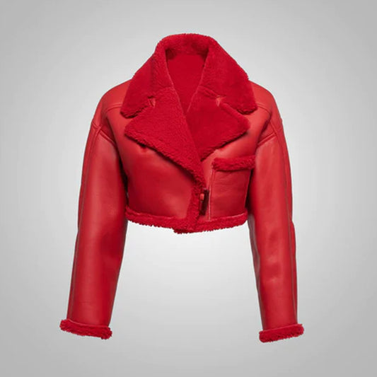 Red Aviator Flight B3 Bomber Faux Fur Shearling Real Sheepskin Leather Jacket For Women