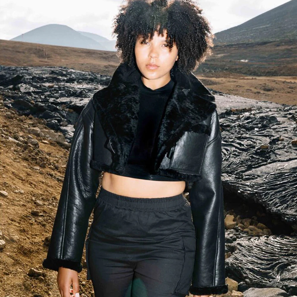 Women Black Aviator Flight Sheepskin Leather Jacket
