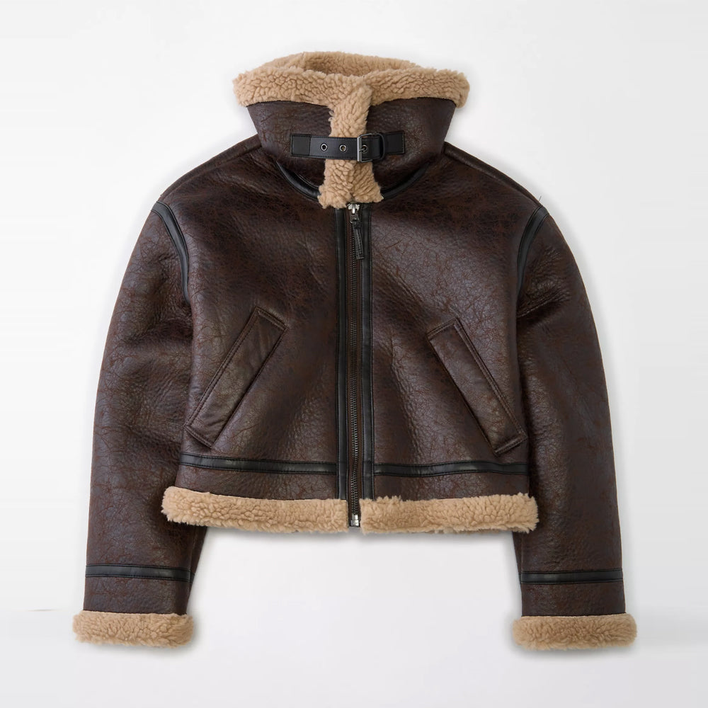 Brown Aviator Sheepskin Shearling Leather Jacket For Women