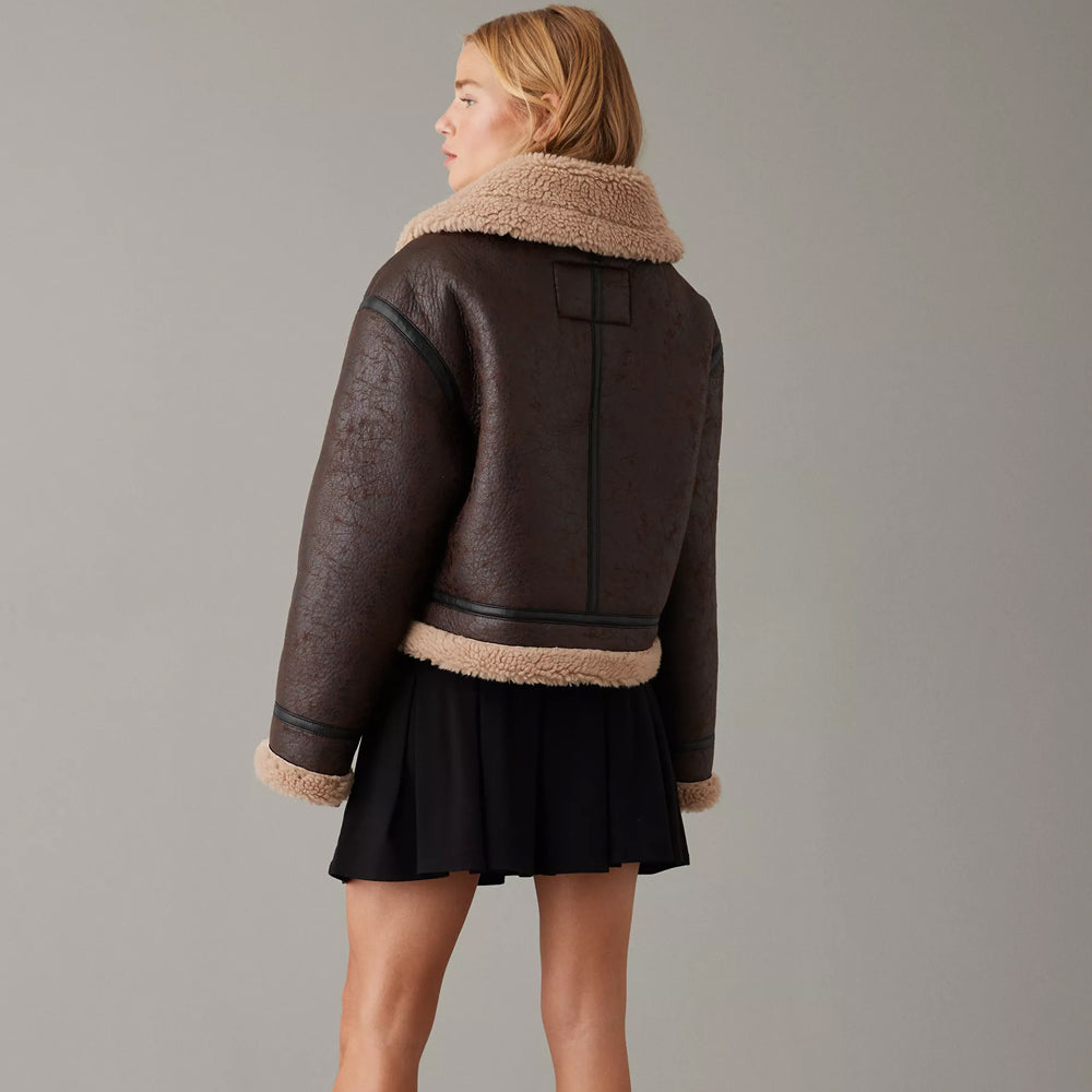 Brown Cropped Aviator Sheepskin Shearling Leather Jacket