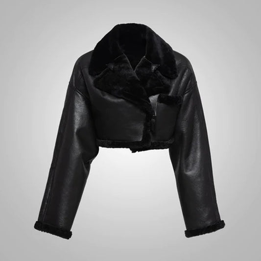 Women Black Aviator Flight Sheepskin Leather Jacket