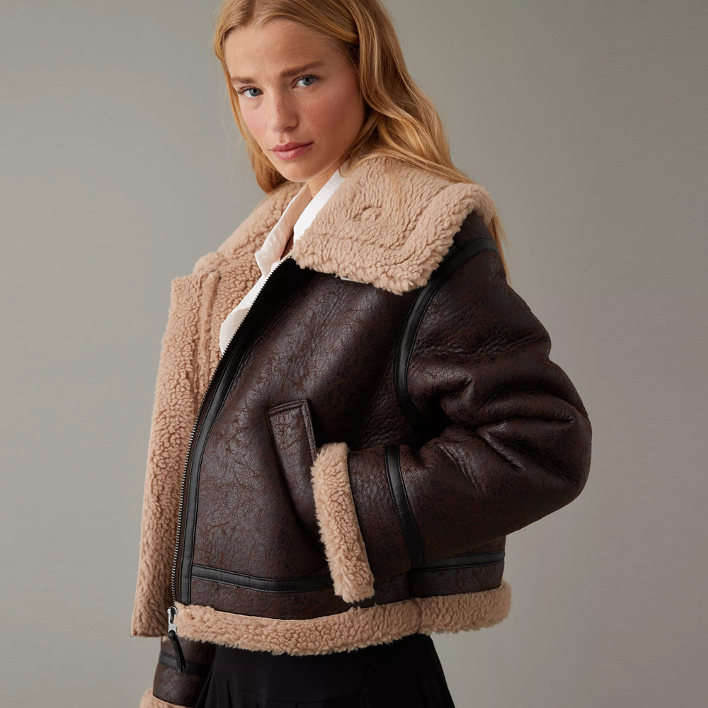 Brown Cropped Aviator Shearling Leather Jacket For Women