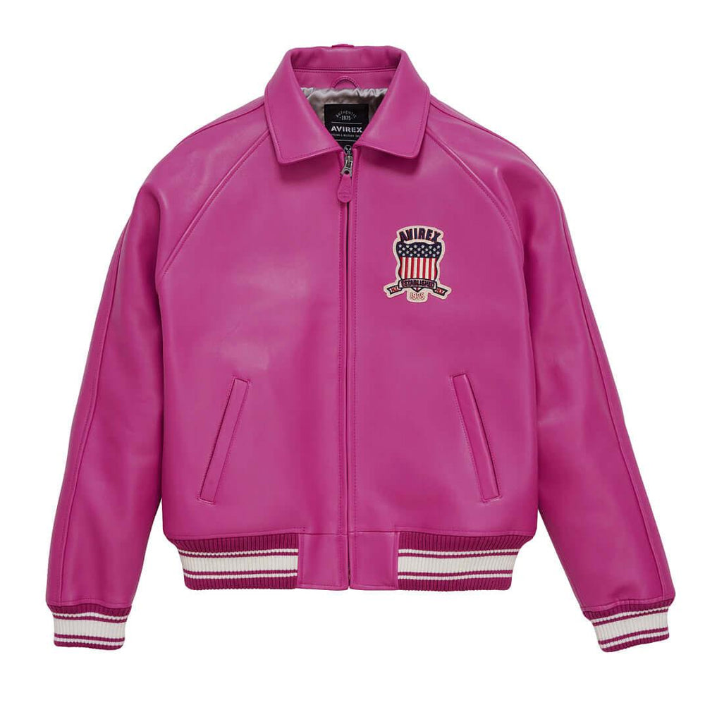 Pink Letterman Bomber Avirex Leather Jacket For Men