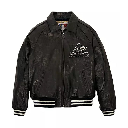 New Black Croc-Embossed Classic Avirex Leather Jacket