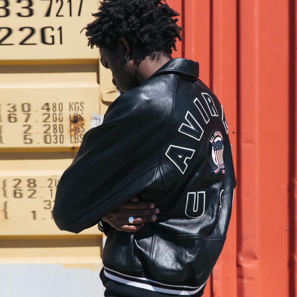 Black Varsity Bomber Letterman Avirex Leather Jacket For Men