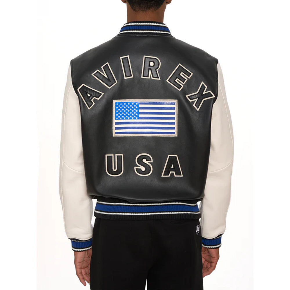 New White/Black Avirex Leather American Varsity Jacket