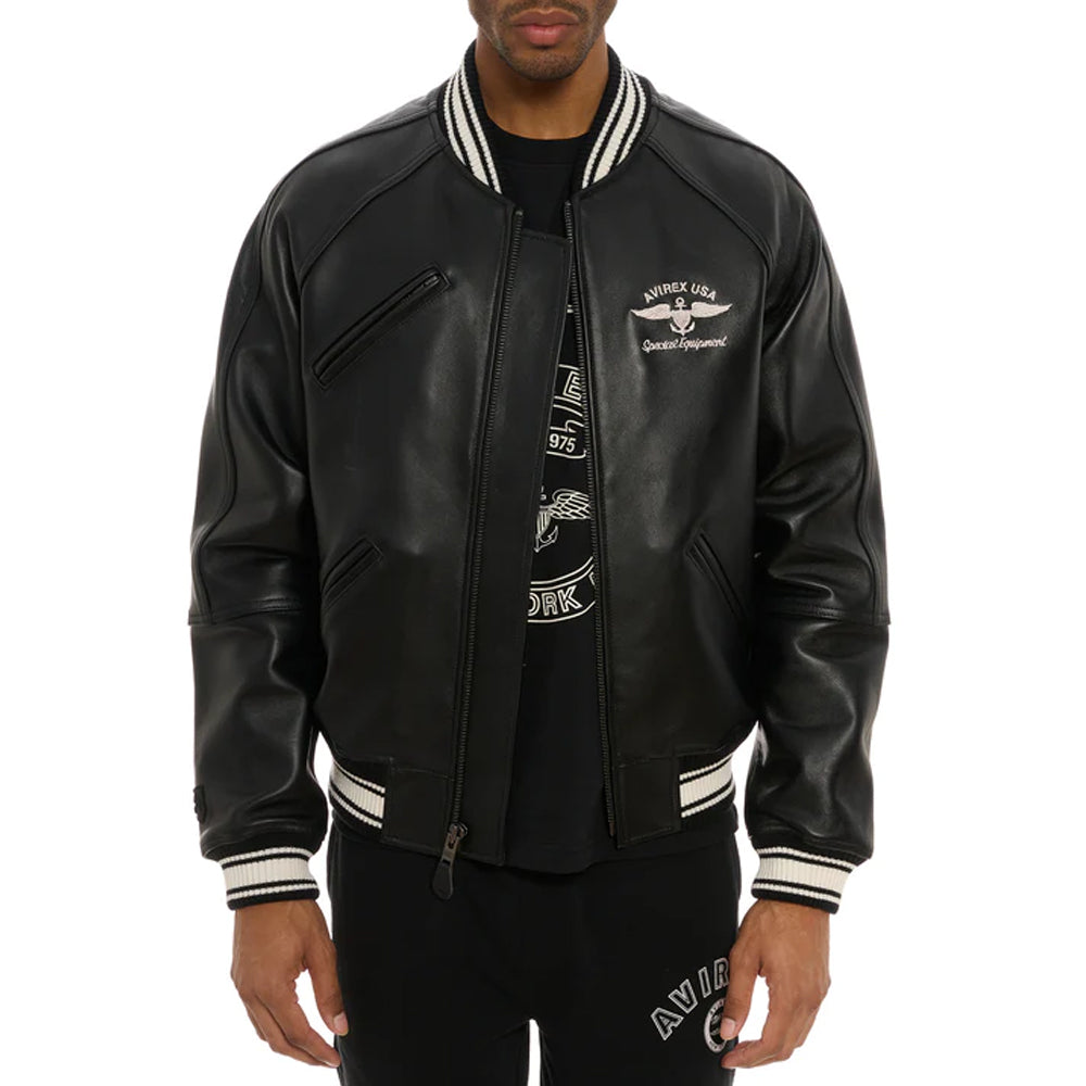 Black Striped Collar Varsity Bomber Avirex Leather Jacket