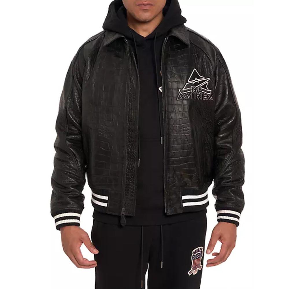 New Black Croc-Embossed Classic Avirex Leather Jacket