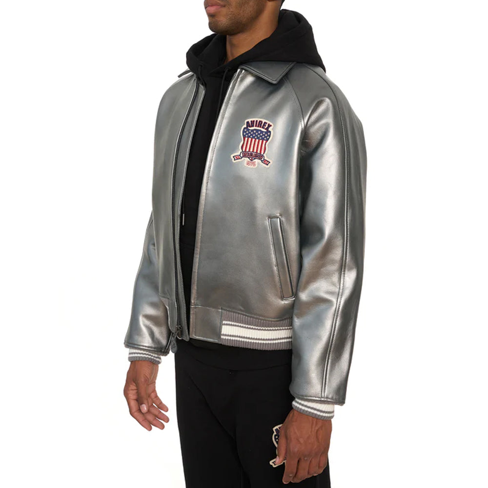 New Metallic Silver Letterman Bomber Avirex Jacket For Men
