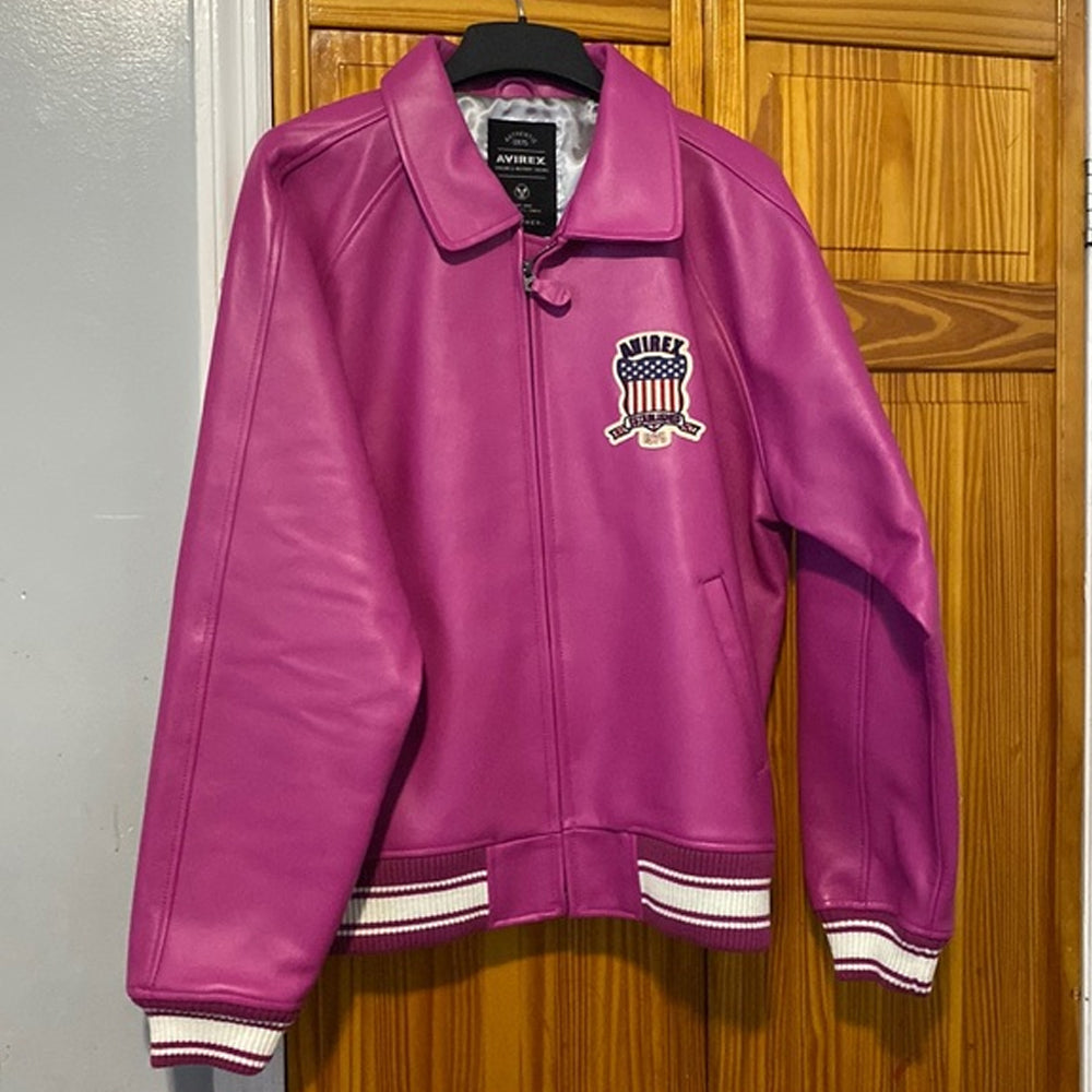 Pink Letterman Bomber Avirex Leather Jacket For Men