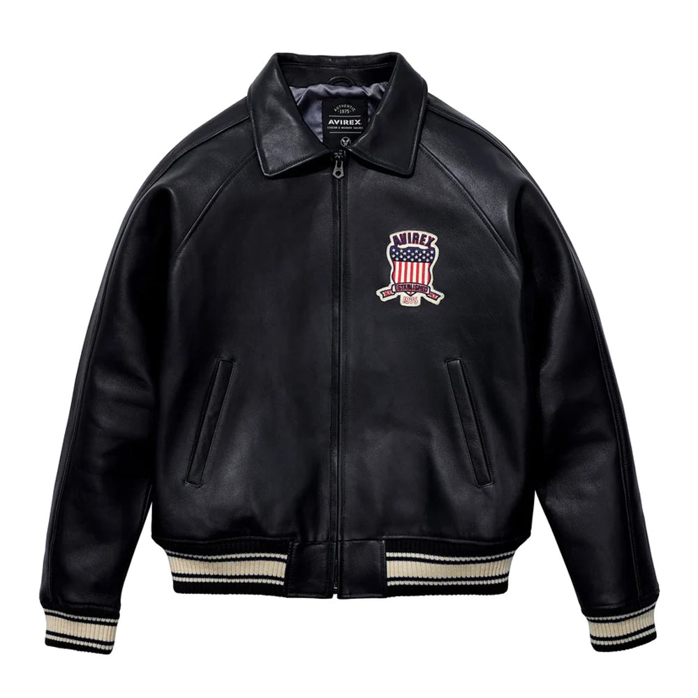 Black Varsity Bomber Letterman Avirex Leather Jacket For Men
