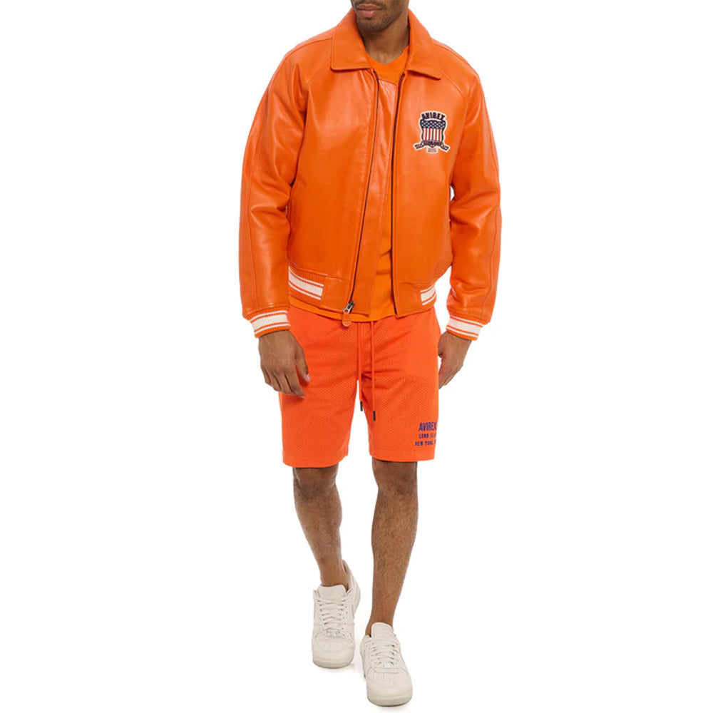 Orange Letterman Leather Bomber Avirex Icon Jacket