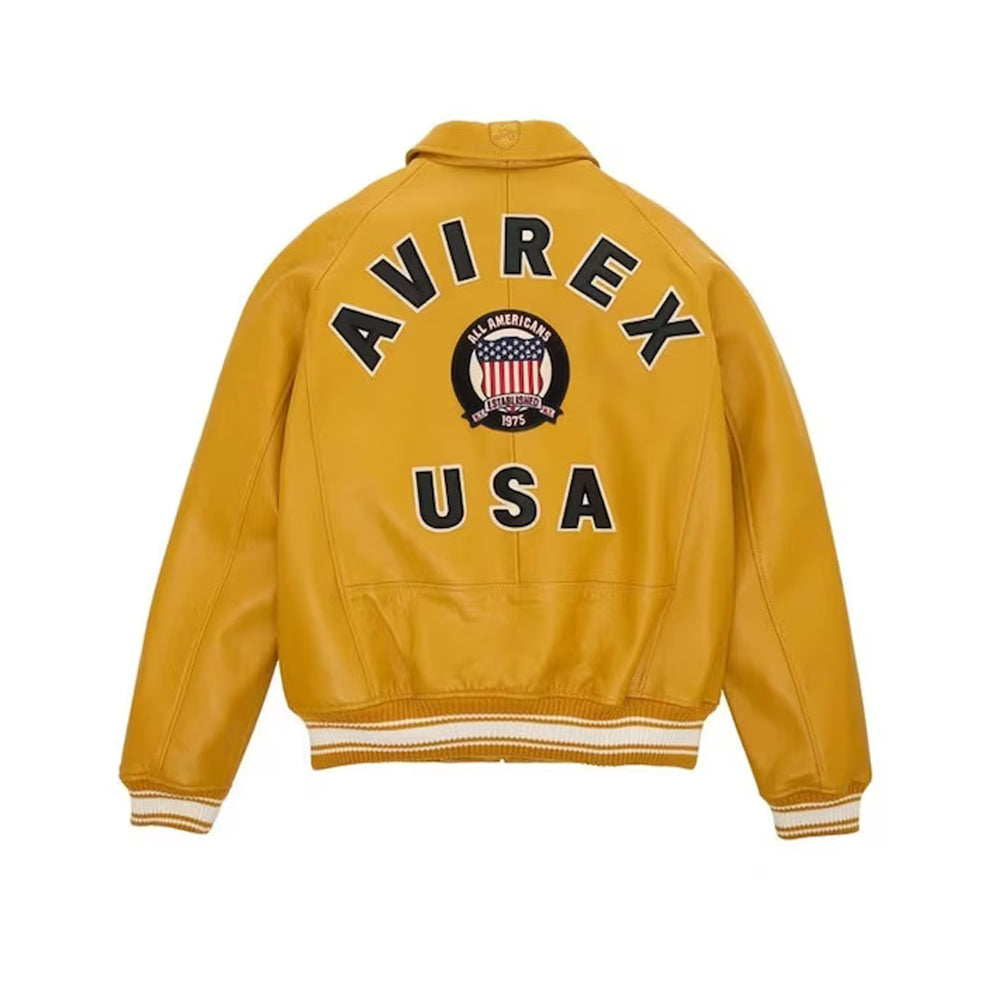 Men's New Yellow Avirex Real Bomber American Flight Leather Jacket