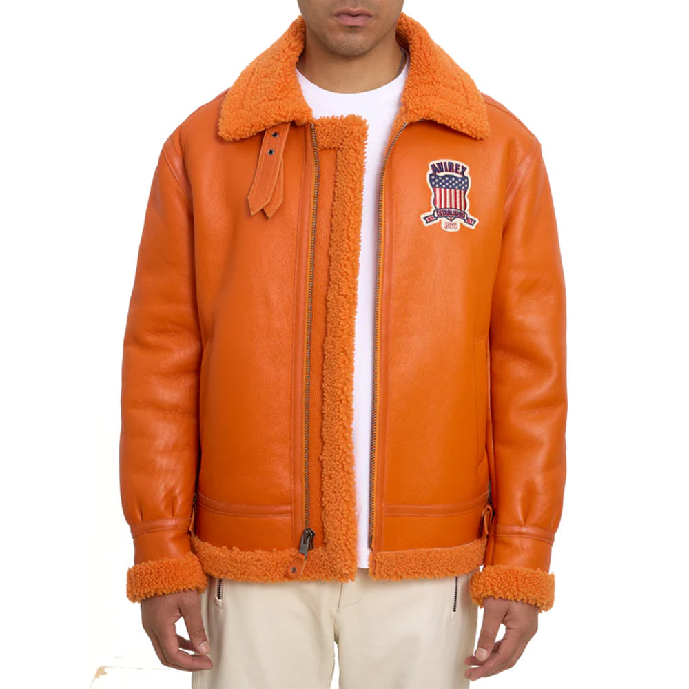 Men Orange Shearling Avirex Leather Jacket